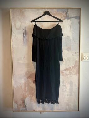 Black Off-Shoulder Ribbed Midi Dress with Fringe